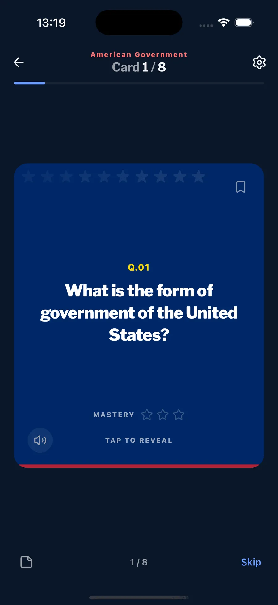A study flashcard in the app showing an official civics question, ready to reveal.