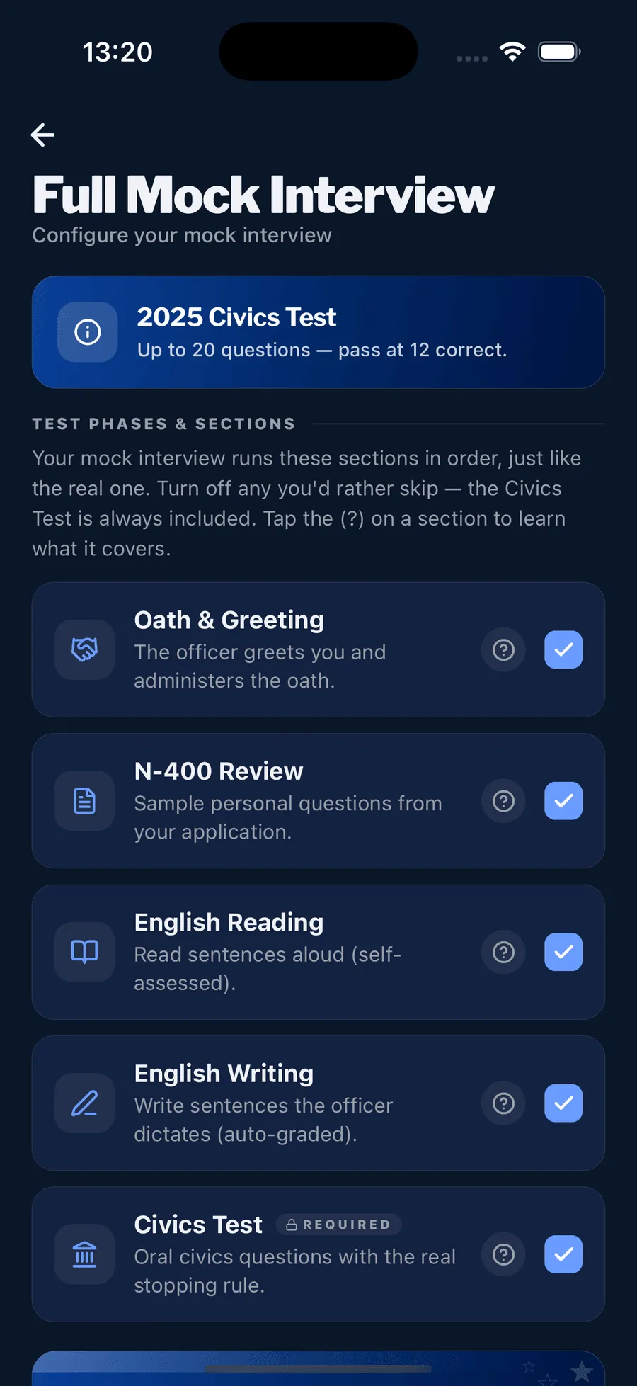 The app's Full Mock Interview setup, with each interview phase listed.