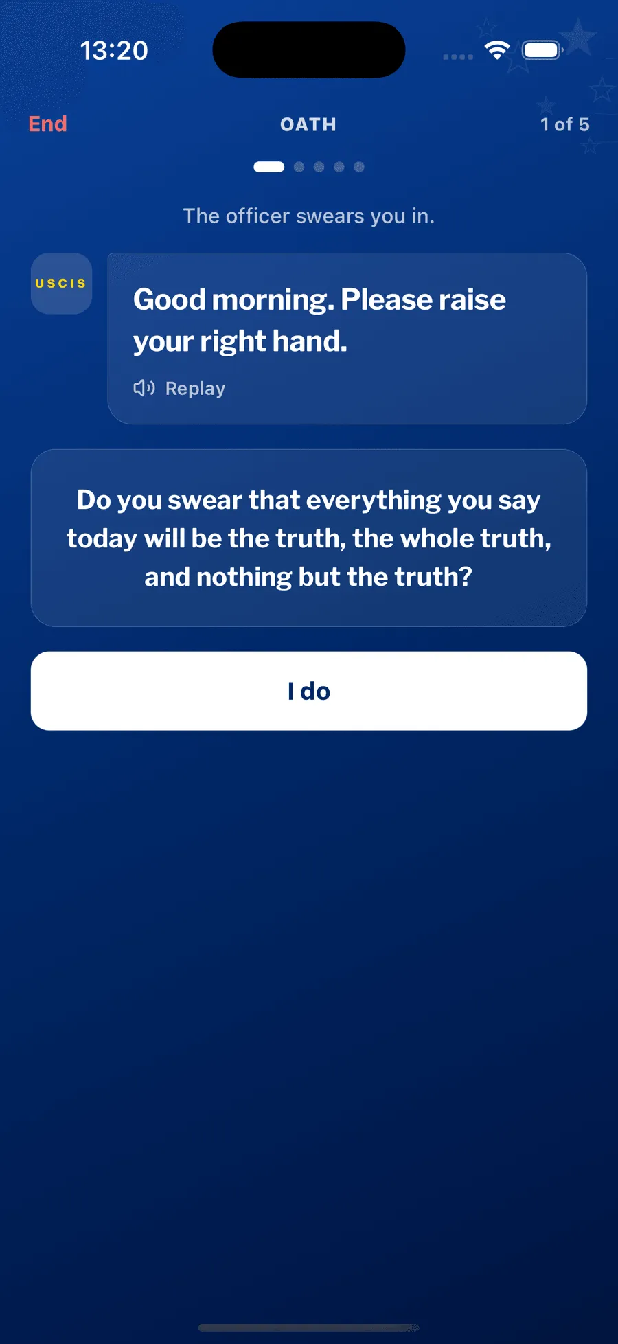 The mock interview's oath phase: the officer swears you in before the questions begin.
