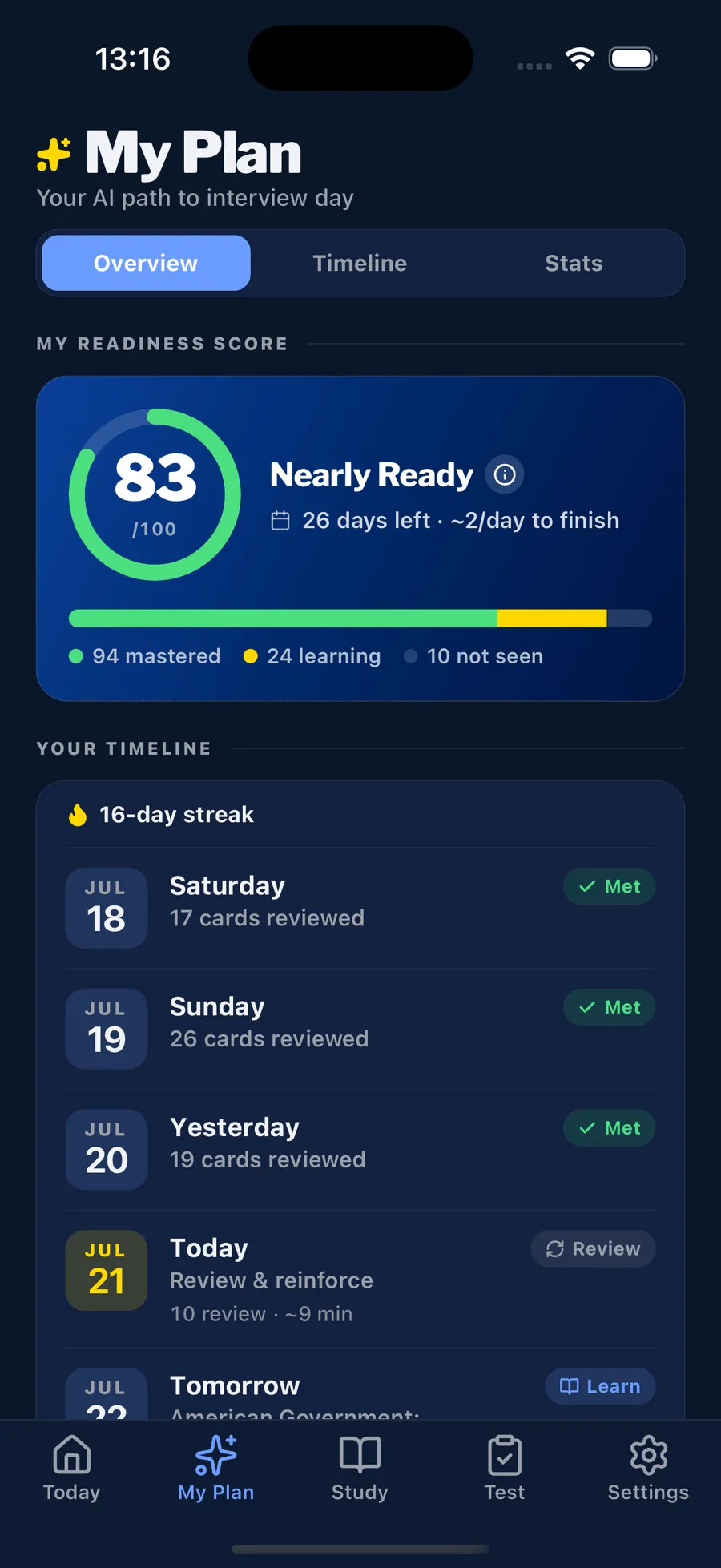 The app's My Plan screen: a readiness score, coverage bar, and study streak.