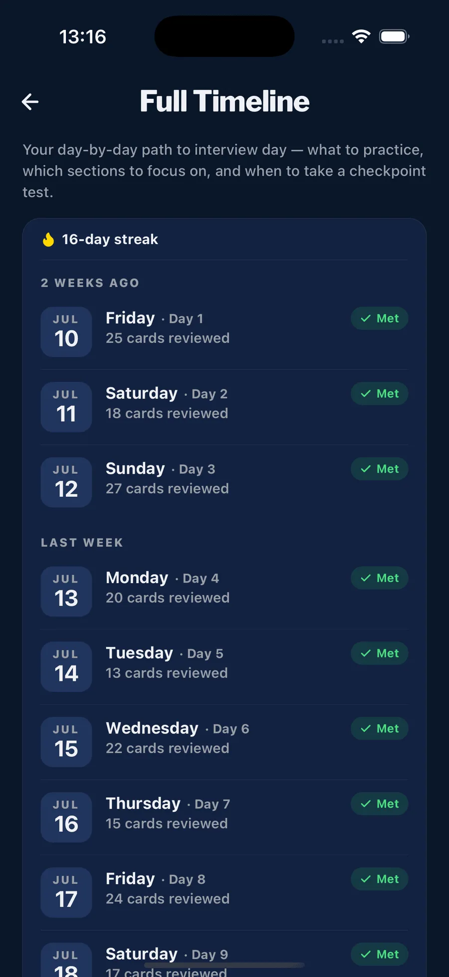 The app's full study timeline, showing each day met on the way to interview day.