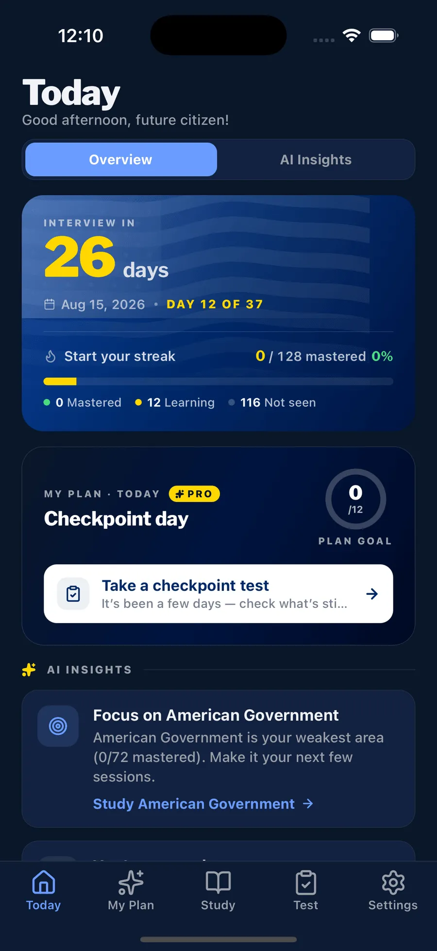The app's Today dashboard: an interview countdown, mastery progress, and AI study insights.