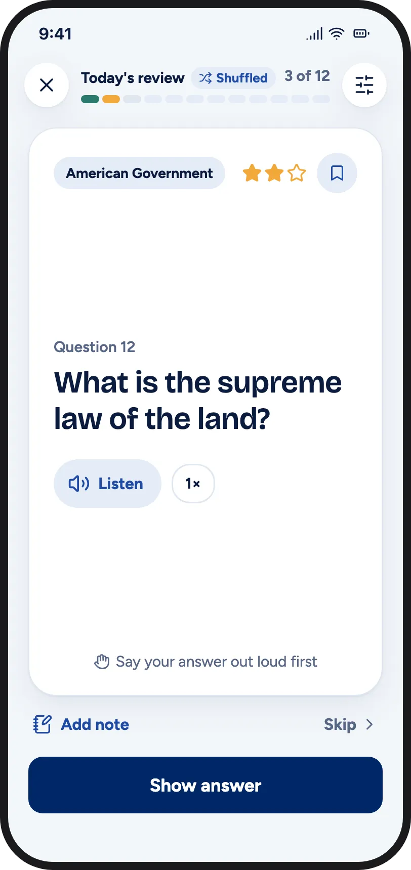 Flashcard screen from the citizenship test app