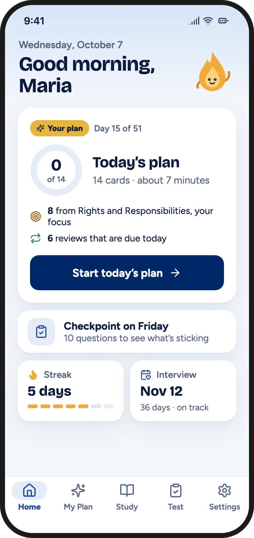 Citizenship test app home screen with today's study plan, a 5-day streak, and the interview date