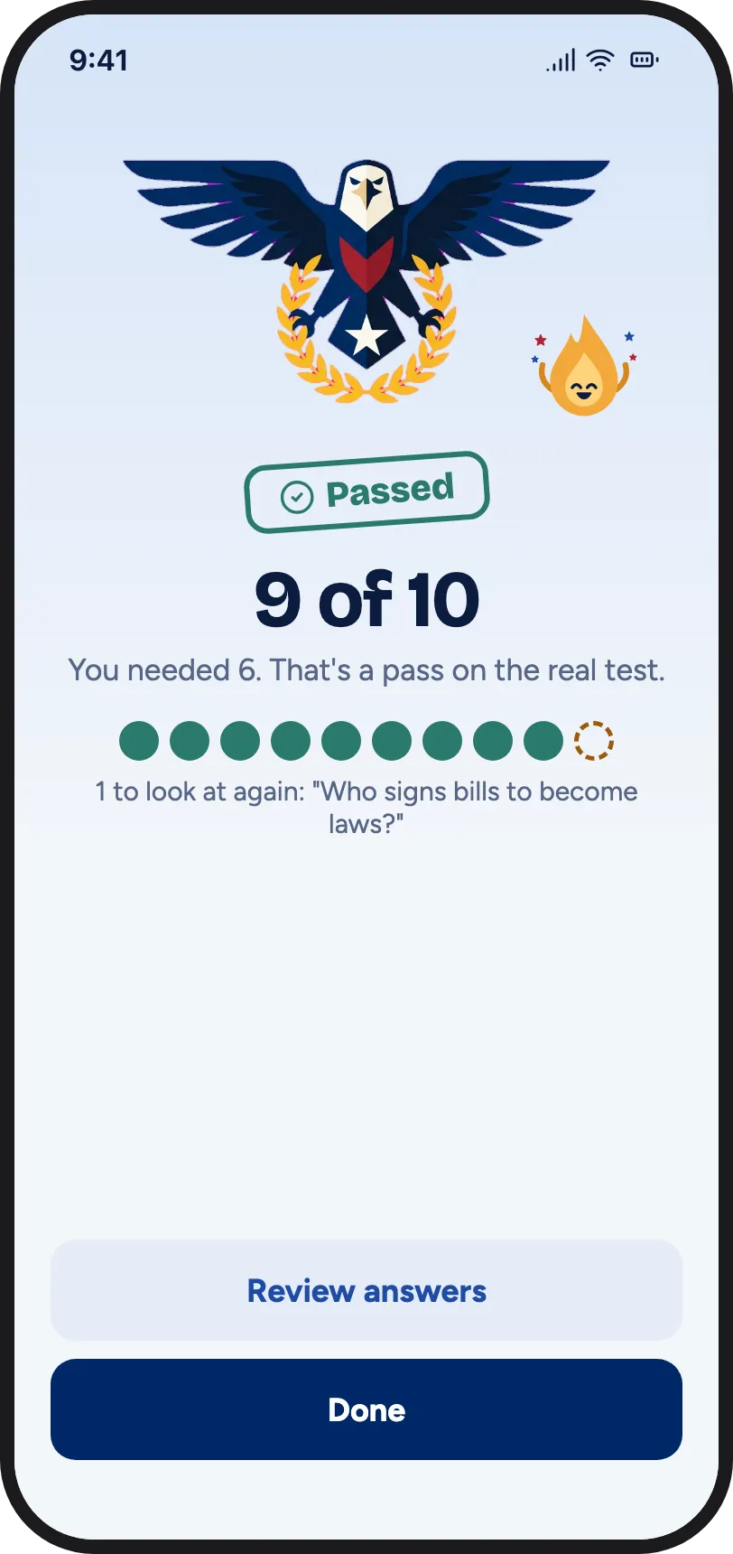 Mock naturalization interview result showing a pass with 9 of 10 civics answers right
