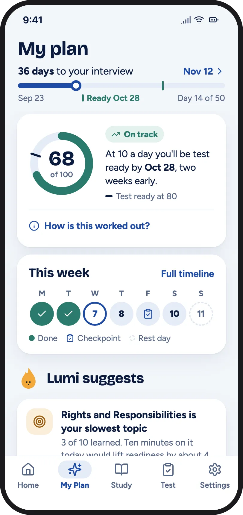 Study plan screen with a readiness score of 68 and the days left until the interview