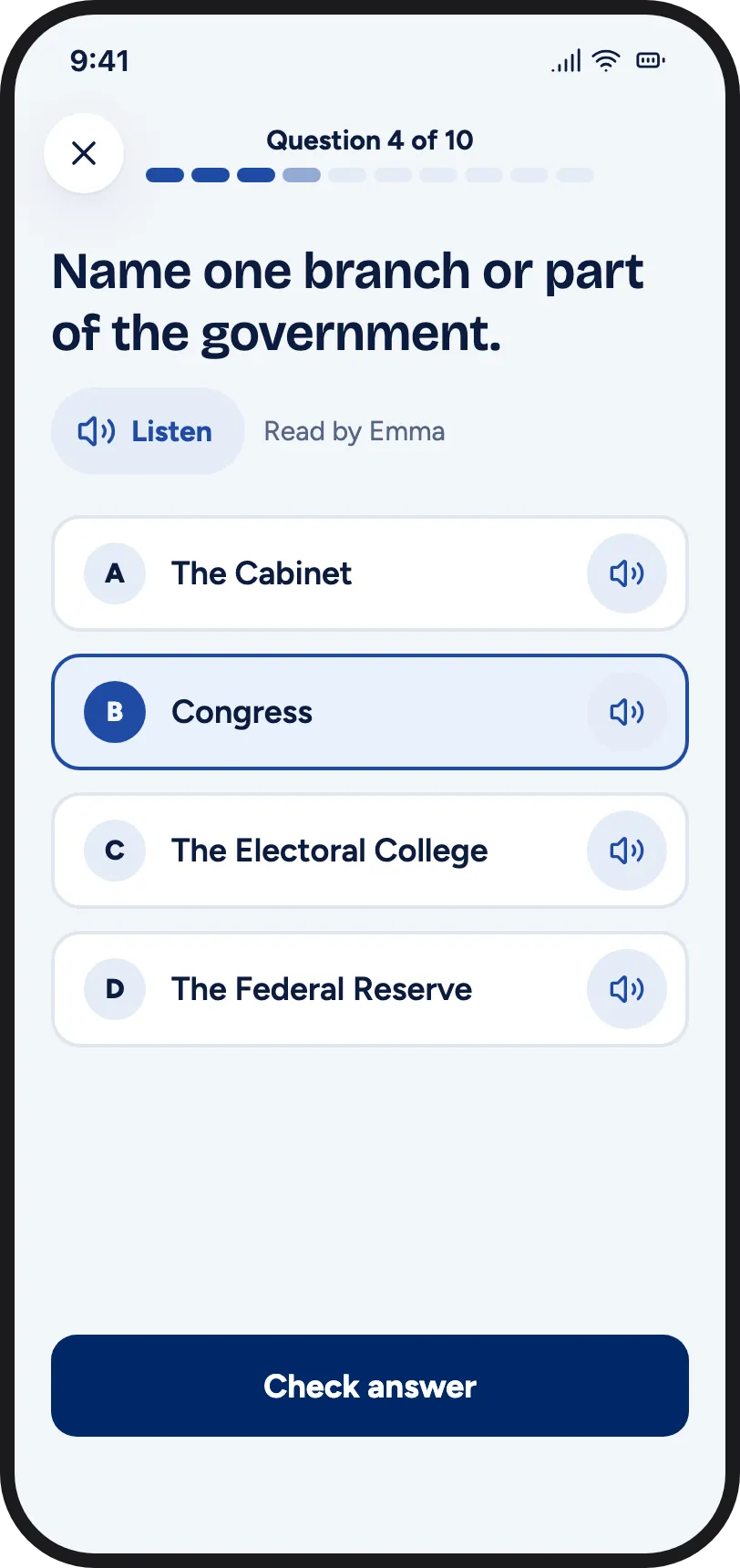 Multiple-choice civics practice test question with four answers and Congress selected