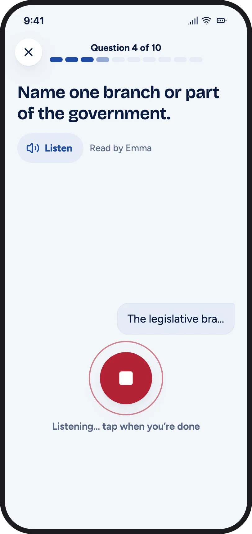 Civics question read aloud by the app while it listens to a spoken answer